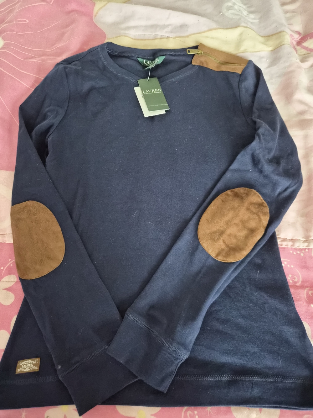 Lauren Ralph Lauren Navy L/S TEE with Brown Elbow Patches NWT